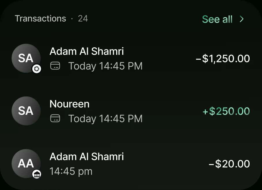 A list of 24 recent transactions